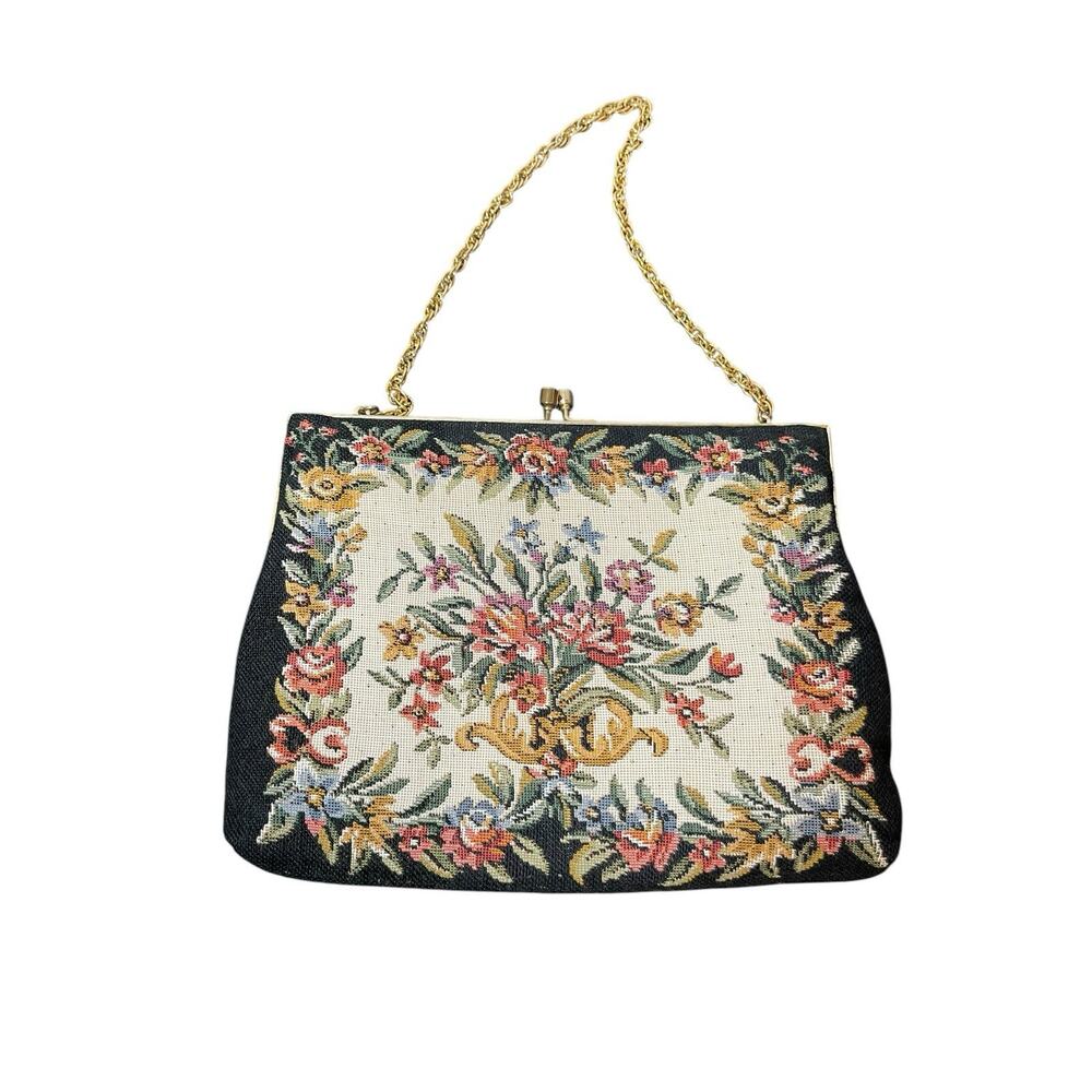 VTG Petit Point Embroidered Purse Floral Design Gold Shoulder Strap Hong Kong